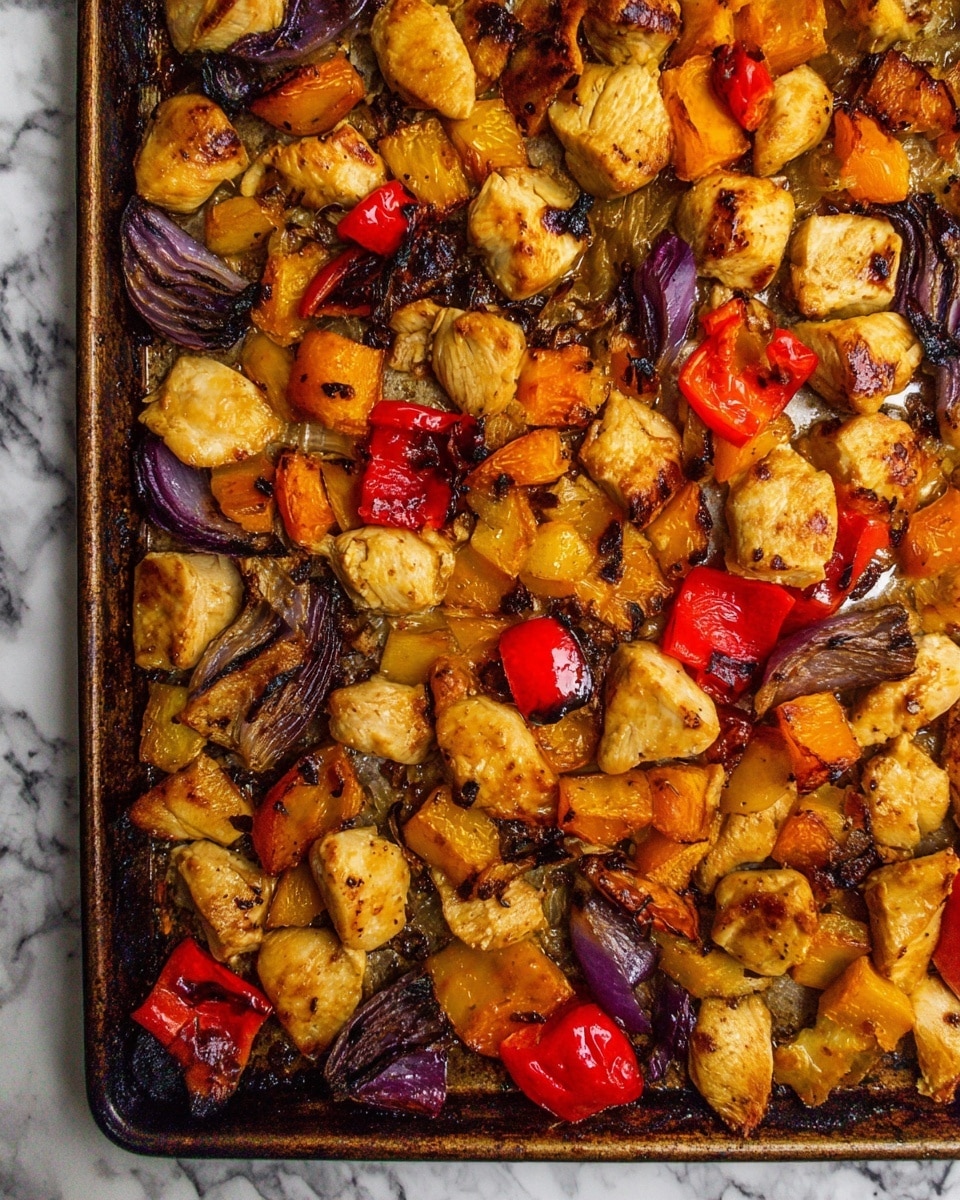 The image shows a baking tray filled with one layer of roasted chicken pieces and mixed vegetables. The chicken pieces are light golden brown with some darker, caramelized edges. Mixed among them are chunks of bell peppers in red and orange hues, and pieces of onion with a slightly charred purple color. The tray itself has a slightly greasy surface with browned spots where the food has roasted deeply. The background is a white marbled texture. Photo taken with an iphone --ar 4:5 --v 7