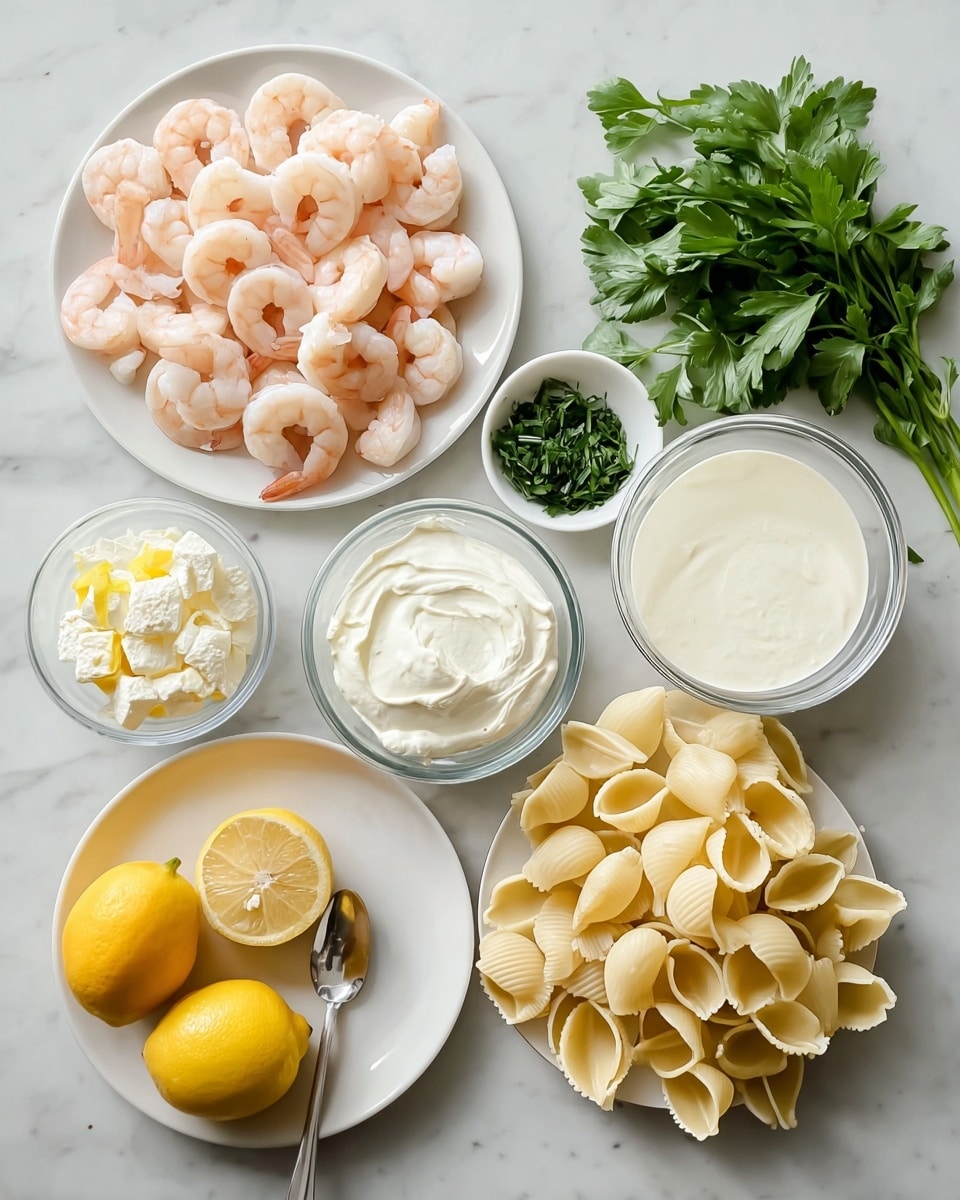 The image shows a white plate filled with light pink and white cooked shrimp arranged in a loose pile on the left side. To the right of the shrimp is a clear glass bowl with a smooth, white creamy sauce. Below the shrimp is another clear glass bowl holding small white curds with a bit of yellow on top, likely cheese or cottage cheese. Near the center bottom is a white plate with halved yellow lemons with a smooth texture, and below that is a white plate with a thick, white creamy substance, partly scooped with a small spoon. The middle-right area features a heap of large, pale yellow shell pasta pieces scattered loosely. To the top right are fresh green leafy herbs arranged in a bunch and below them is a small white bowl filled with chopped green herbs. All items lie on a white marble surface, giving a clean and fresh look. Photo taken with an iphone --ar 4:5 --v 7