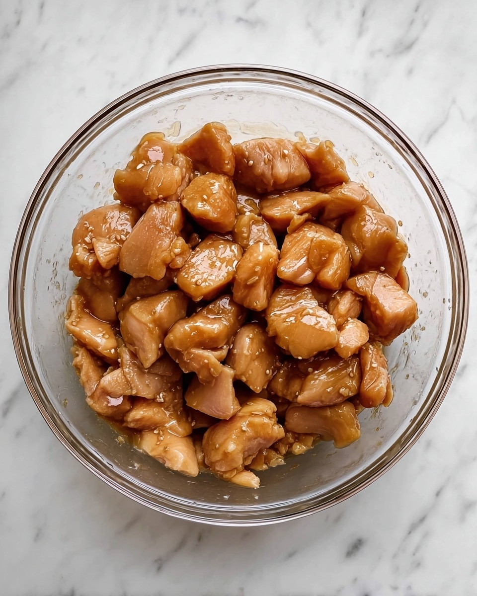A clear glass bowl filled with many pieces of raw chicken coated in a shiny brown marinade sits on a white marbled surface. The chicken pieces are cut into small, irregular chunks and are tightly packed inside the bowl. The marinade makes the chicken look moist and smooth with a slightly glossy texture. The bowl is round and positioned from a top-down view showing all the chicken pieces clearly photo taken with an iphone --ar 4:5 --v 7