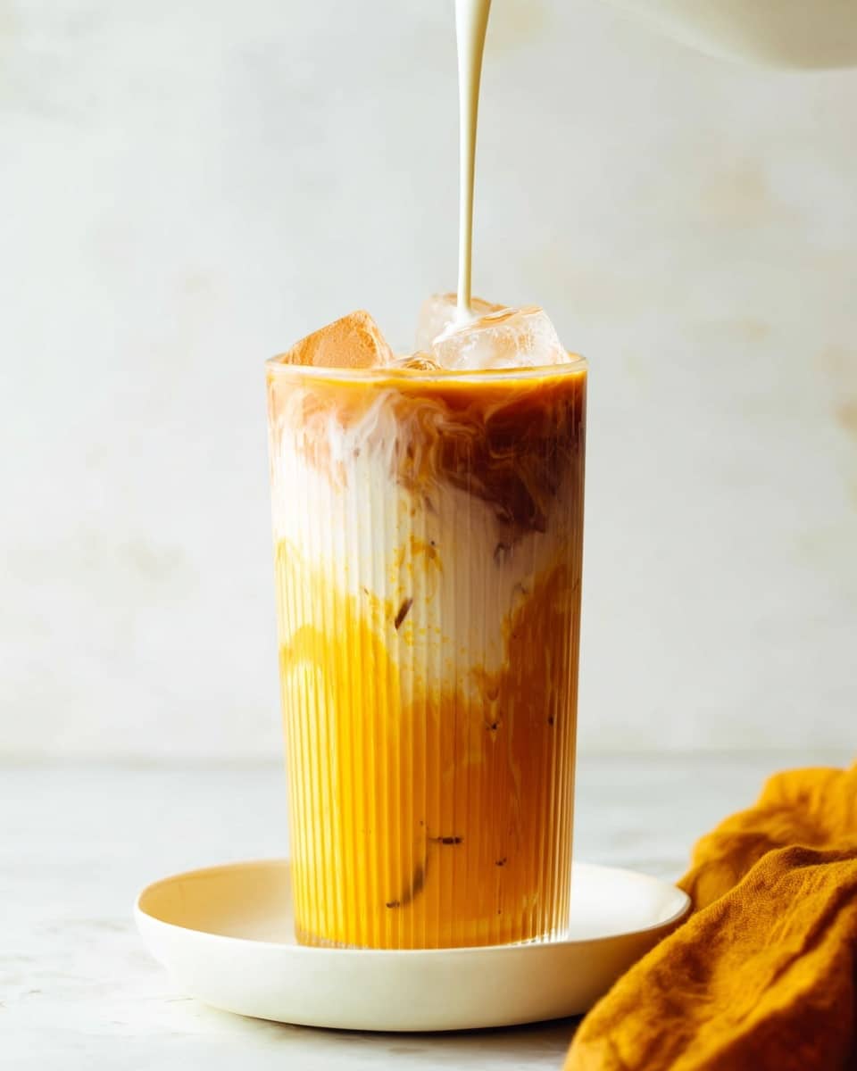 The image shows a tall glass with ridges filled with a layered drink placed on a white plate against a white marbled background. The bottom layer is a rich orange-yellow color with some darker specks scattered inside. On top of this, there is a thick layer of white liquid being poured, creating a swirling effect as it mixes with the orange base. Ice cubes are visible near the top layer, adding texture and coolness. A mustard yellow cloth is casually placed at the bottom right corner of the frame. Photo taken with an iphone --ar 4:5 --v 7