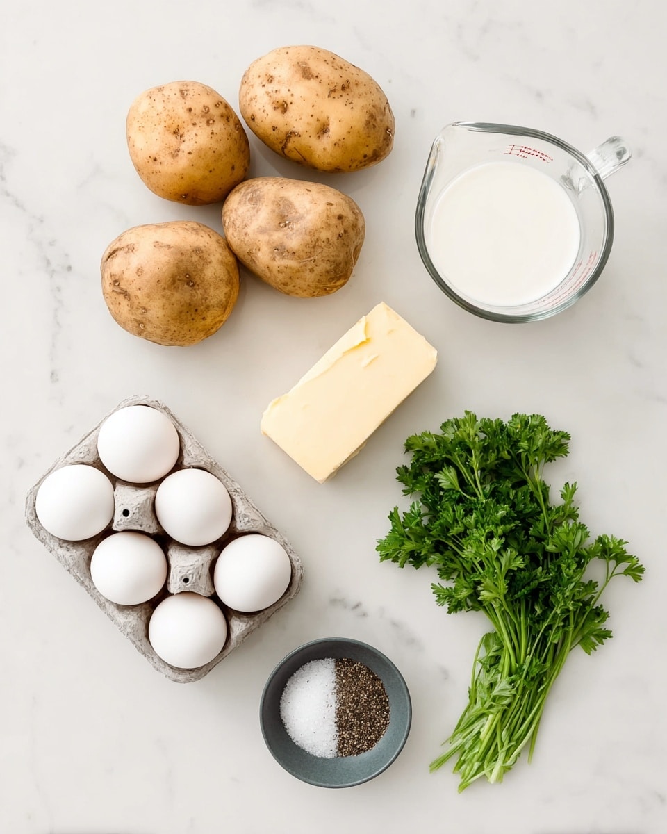 The image shows raw ingredients on a white marbled surface: five brown potatoes grouped in the top left, a small glass measuring cup of white milk near the top right, a stick of butter with a white wrapper labeled