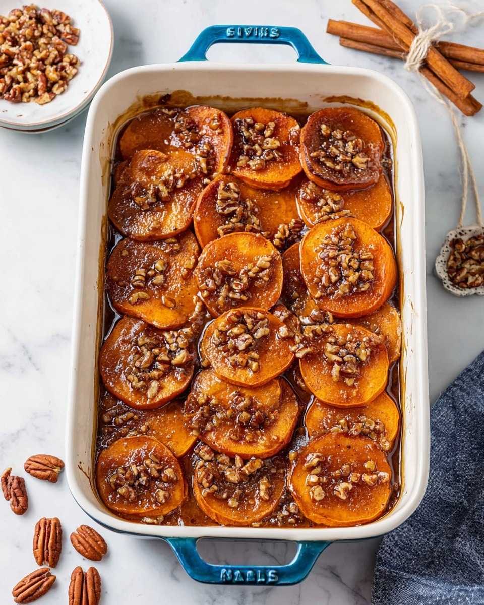 A white baking dish with a teal handle filled with one layer of thick, round, orange sweet potato slices arranged closely together. The sweet potatoes are glazed with a shiny, dark caramel sauce that pools slightly around the edges, giving it a glossy look. Scattered on top are small chunks of toasted brown pecans, adding texture and contrast. The dish rests on a white marbled surface, with some loose pecans and a small bowl of pecans nearby. The light highlights the caramel's shine and the sweet potatoes' soft texture. photo taken with an iphone --ar 4:5 --v 7