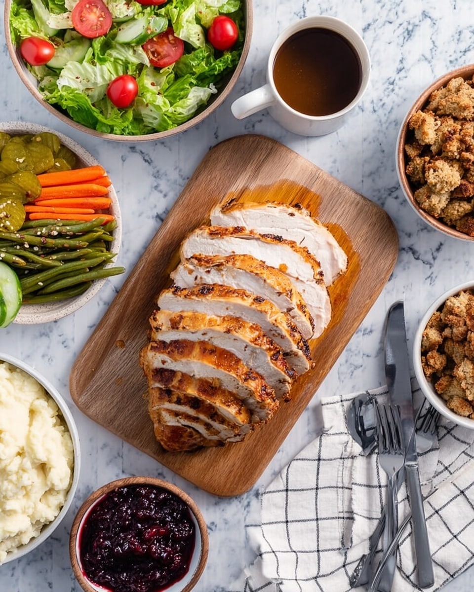 The image shows a wooden cutting board placed on a white marbled surface with a white and blue checkered cloth underneath. On the board, there is a turkey sliced into eight even pieces with a browned, crispy outer layer and moist white meat inside. Surrounding the board are white bowls containing mashed potatoes, green beans, stuffing, a fresh salad with lettuce, cherry tomatoes, cucumber slices, and shredded carrots, and a small bowl of dark purple cranberry sauce. A beige mug filled with a dark drink is near the top, and four shiny silver forks and knives rest on the cloth to the right of the board. photo taken with an iphone --ar 4:5 --v 7