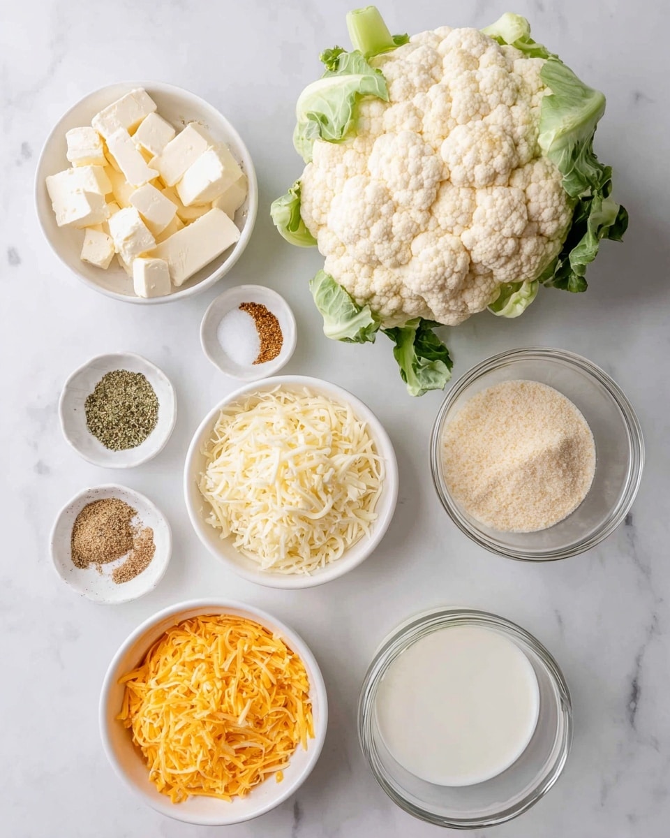 The image shows several ingredients arranged on a white marbled surface. There is one whole cauliflower with green leaves on the top right. Around it are six small white bowls; the top left bowl has shredded white cheese, below it another white bowl is filled with shredded yellow cheese. To the right of the cheese bowls, one small white bowl contains a mix of spices including white, black, and green specks, another bowl above it has breadcrumbs. On the bottom right, a small clear glass bowl holds cubes of white cream cheese, and beside it, a small clear glass holds a white liquid. All items are clearly spaced and organized, with soft natural lighting highlighting their textures and colors. photo taken with an iphone --ar 4:5 --v 7