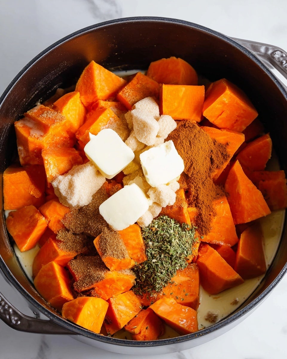A black pan filled with bright orange chunks of sweet potatoes showing smooth and firm textures, surrounded by small white pools of cream at the bottom. On top of the sweet potatoes are three dollops of pale white butter with soft edges, a pile of light brown sugar granules, some scattered green herb leaves, and a light dusting of brown cinnamon powder. The scene is set on a white marbled surface photo taken with an iphone --ar 4:5 --v 7