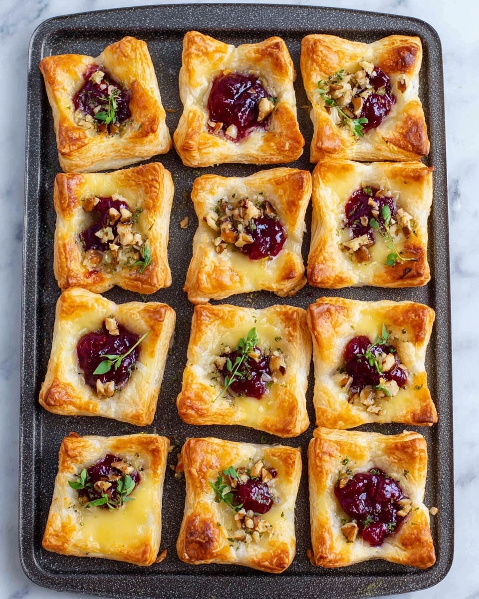 A dark gray baking tray holds twelve small square tartlets, each with a golden brown crust that slightly curls up at the edges. Each tartlet is topped with a melted, creamy white cheese layer covering about half of the surface, accompanied by a deep red fruit jam dollop placed beside the cheese. Scattered chopped nuts and small green herb leaves decorate the tops, adding texture and color contrast. The tray rests on a white marbled surface, enhancing the warm tones of the tartlets. photo taken with an iphone --ar 4:5 --v 7