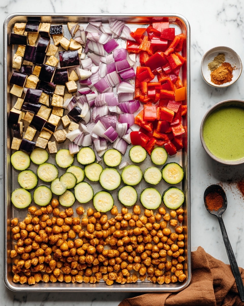 A large silver baking tray holds five neat rows of ingredients from top to bottom: dark purple and beige cubes of eggplant at the top, followed by chopped pieces of red onion with layers of white and purple, then bright red chopped bell peppers, next a line of round green zucchini slices with light yellow centers, and at the bottom, a large layer of golden-brown roasted chickpeas spread evenly. To the right side on a white marbled surface are a small bowl of bright green sauce with a dark gray spoon, a tiny dish with reddish-brown seasoning, and a small heap of cinnamon or similar brown spice, along with a folded brown cloth napkin. Photo taken with an iphone --ar 4:5 --v 7