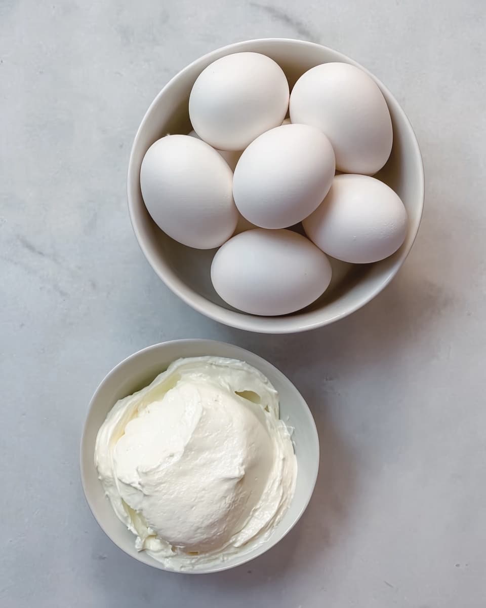 There are two white bowls on a white marbled surface. The larger bowl at the top is filled with several smooth white eggs, stacked closely together with a clean, simple look. Below it, a smaller white bowl holds a soft, creamy white cheese with a smooth texture, slightly rounded on top as if freshly scooped. The light is soft and natural, highlighting the delicate textures of the eggs and cheese. photo taken with an iphone --ar 4:5 --v 7