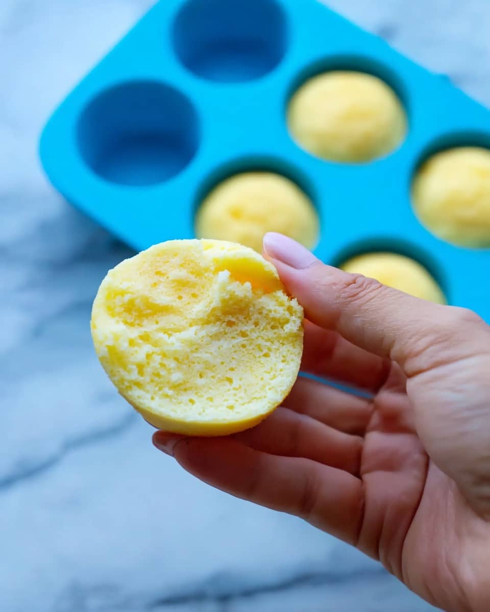 A woman's hand is holding a small, round, soft yellow cake with a light fluffy texture showing some air holes inside. In the background, there is a blue silicone mold with other similar yellow cakes still inside the round cavities. The surface below has a white marbled texture, adding a clean look to the scene. photo taken with an iphone --ar 4:5 --v 7