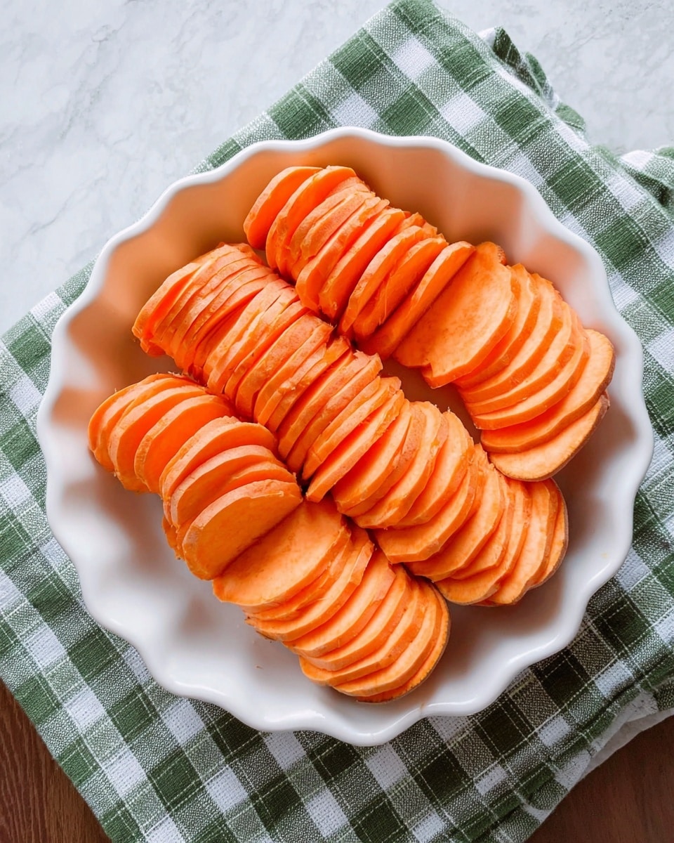 A white scalloped dish holds three neat rows of thin, evenly sliced orange sweet potatoes arranged vertically and slightly leaning, showing their smooth surfaces with pale edges. The dish sits on a green and white checkered cloth, on top of a white marbled surface. The slices have a uniform color and texture, stacked closely together, filling the dish fully. Photo taken with an iphone --ar 4:5 --v 7