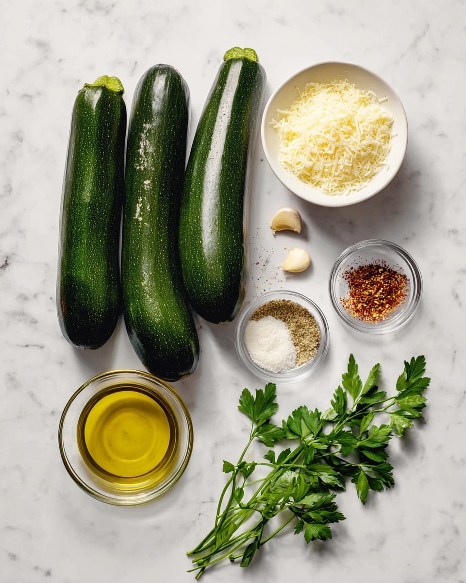 Four dark green zucchinis with smooth shiny skin are arranged diagonally on a white marbled surface. Nearby, a small white bowl holds finely grated pale yellow cheese. Two clear glass bowls contain ingredients, one with a golden yellow oil and the other with a mix of white salt, brown pepper, red pepper flakes, and beige garlic powder. On the side, a sprig of fresh bright green parsley adds a natural touch. Photo taken with an iphone --ar 4:5 --v 7