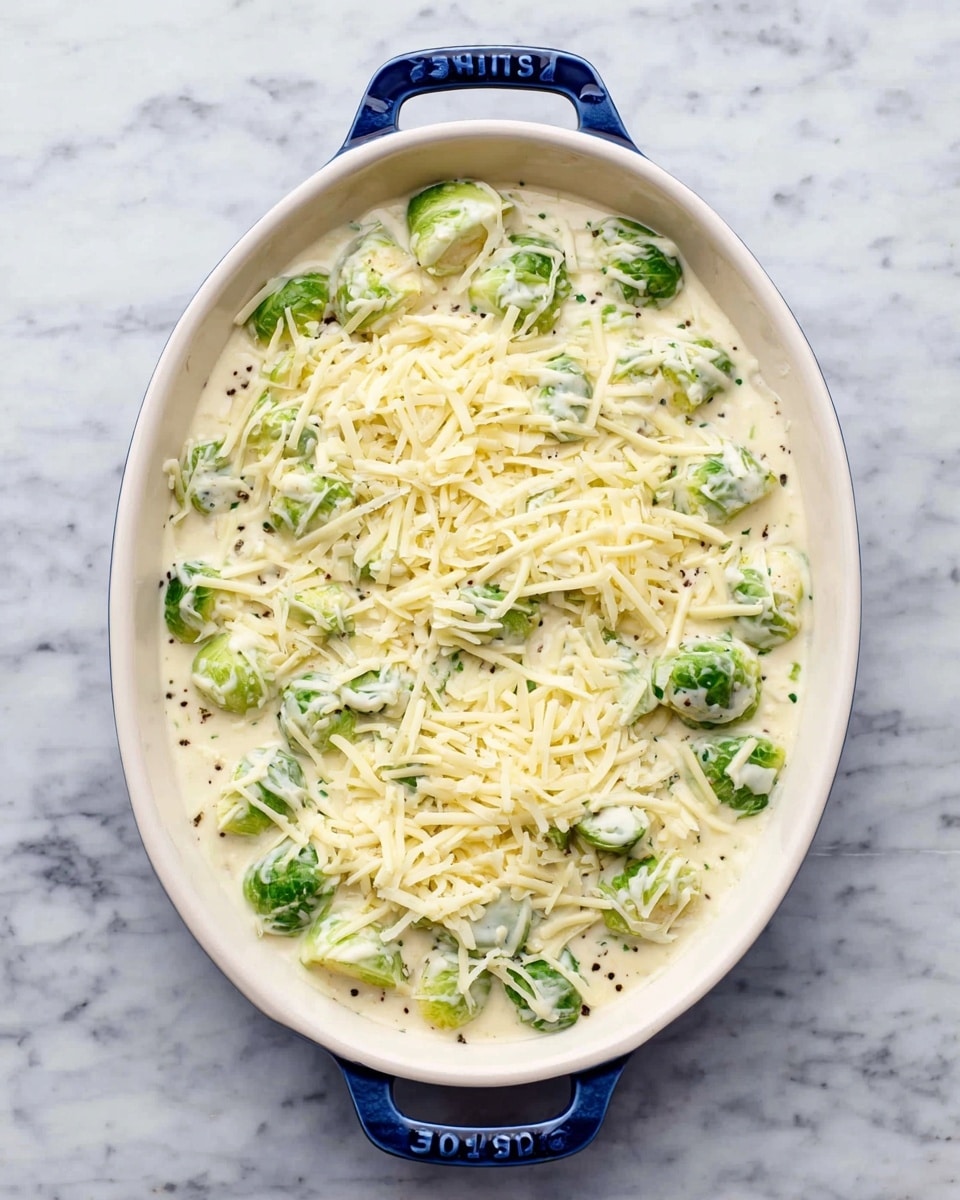 An oval white baking dish with blue handles sits on a white marbled surface, filled with creamy sauce mixed with whole green Brussels sprouts scattered evenly throughout. A layer of shredded pale yellow cheese is spread on top, covering most of the sprouts and sauce underneath. The sauce appears smooth and rich with small black pepper specks visible. The bright green of the Brussels sprouts contrasts with the light creamy white sauce and cheese. photo taken with an iphone --ar 4:5 --v 7