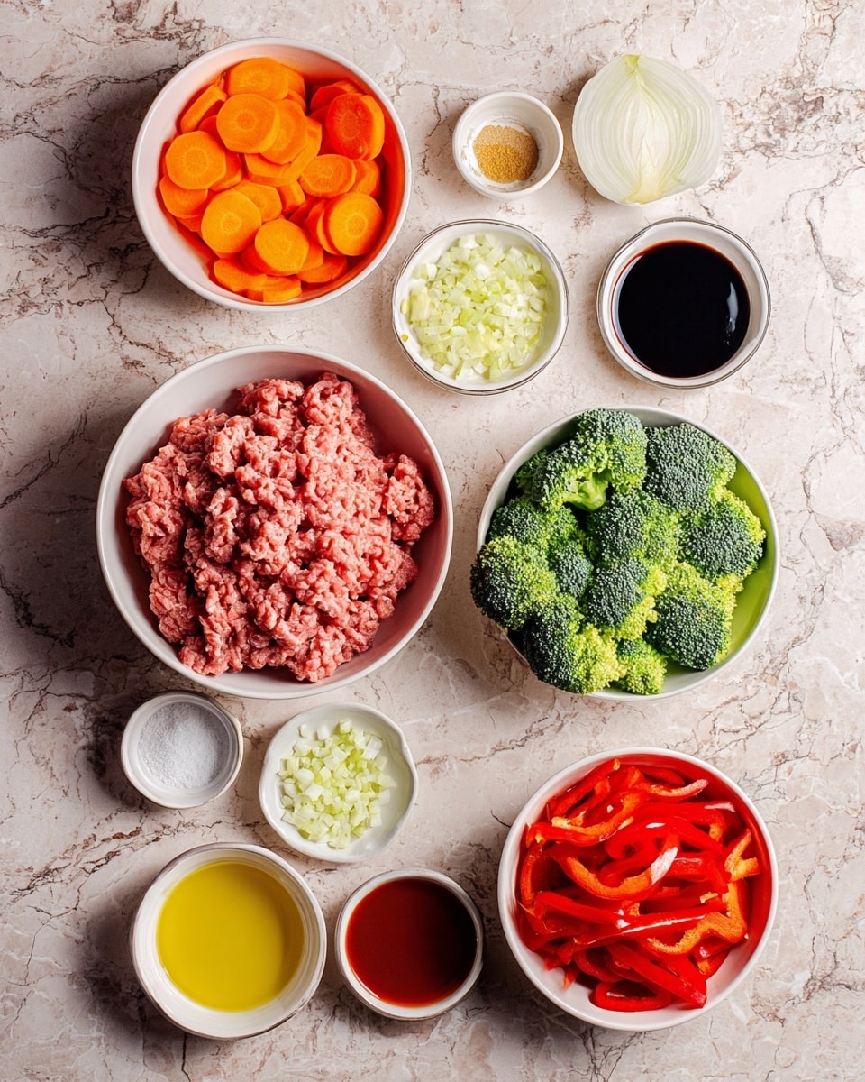 The image shows several white bowls arranged neatly on a white marbled surface, each containing different fresh ingredients. In the center, there is a large bowl filled with raw ground meat, pink and slightly chunky. To the top left of it, a bowl contains bright orange carrot slices, layered in a neat pile. Below that, another bowl holds fresh green broccoli florets with a textured, leafy look. On the right side, near the bottom, a bowl is filled with thin red bell pepper slices showing a shiny and smooth texture. Smaller bowls are spread around containing finely chopped white onions, minced garlic with a yellowish tint, red sauce, soy sauce, a golden liquid likely oil, a small pool of brown sauce, and a white powdery ingredient. Photo taken with an iphone --ar 4:5 --v 7