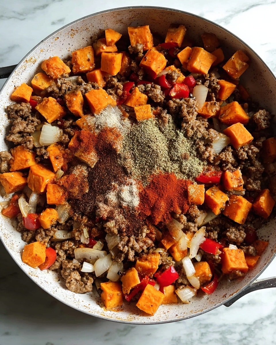 The image shows a close-up top view of a white skillet filled with cooked ground meat mixed with diced orange sweet potatoes, small pieces of red bell pepper, and translucent cooked onions. In the center of the skillet, there is a pile of brown and red spices sprinkled over the vegetables and meat. The white marbled surface is visible around the skillet. photo taken with an iphone --ar 4:5 --v 7
