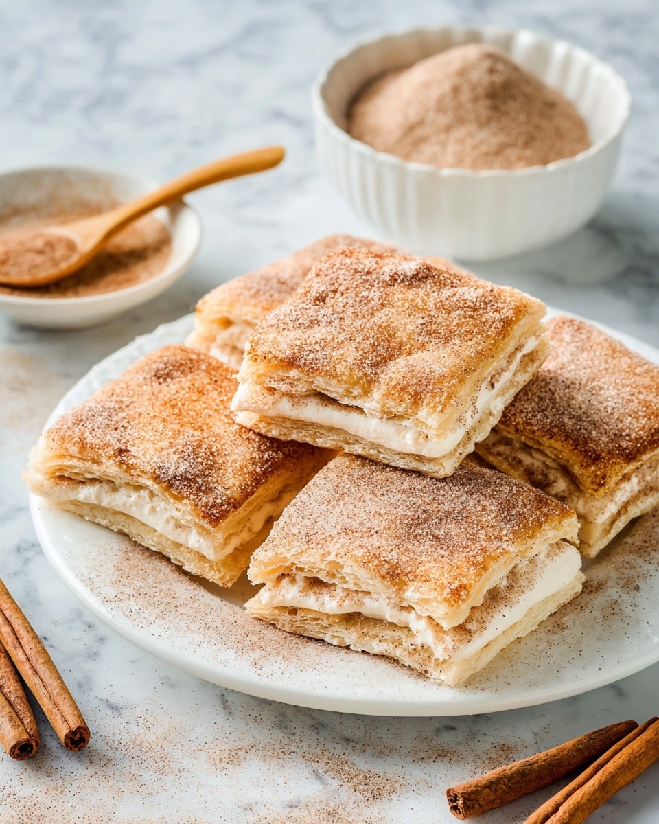 The image shows a white plate filled with layered square pastries, each dusted with a fine layer of cinnamon sugar, giving them a light brown, powdery texture on the top and sides; the pastries are stacked closely in two rows, with visible creamy white filling between the layers. The plate sits on a white marbled surface. In the background, there is a small white bowl with a wooden spoon inside, containing more cinnamon sugar, and a few whole cinnamon sticks are scattered near the plate. Photo taken with an iphone --ar 4:5 --v 7