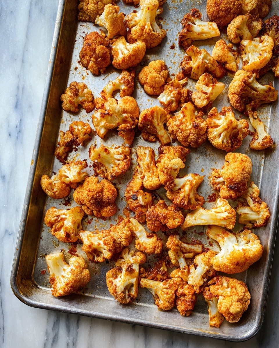 A metal baking tray filled with scattered pieces of roasted cauliflower, each piece coated with a reddish-orange spice mix. The cauliflower pieces vary in size, showing textures from the rough, roasted edges to the smoother white inside parts. The tray is placed on a white marbled surface, and the lighting highlights the golden-brown areas on the cauliflower, creating a warm and appetizing look. photo taken with an iphone --ar 4:5 --v 7