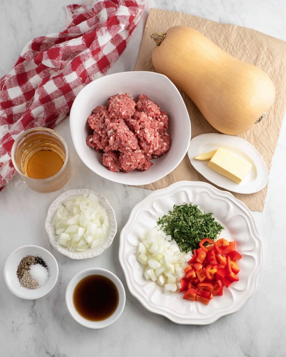 The image shows several white dishes with ingredients arranged neatly on a white marbled surface. In the center is a white bowl filled with a raw pink meat mix. To the right, a white scalloped plate holds chopped red bell peppers, chopped green herbs, and a block of cream-colored butter side by side. Below, a round white plate has chopped white onions, minced garlic, and a small container filled with a dark brown sauce. To the left, a small white dish holds coarse salt and black pepper. A glass with a light brown liquid is placed near the top left corner, next to a red and white checkered cloth. In the background, a whole butternut squash lies on a piece of brown paper. photo taken with an iphone --ar 4:5 --v 7