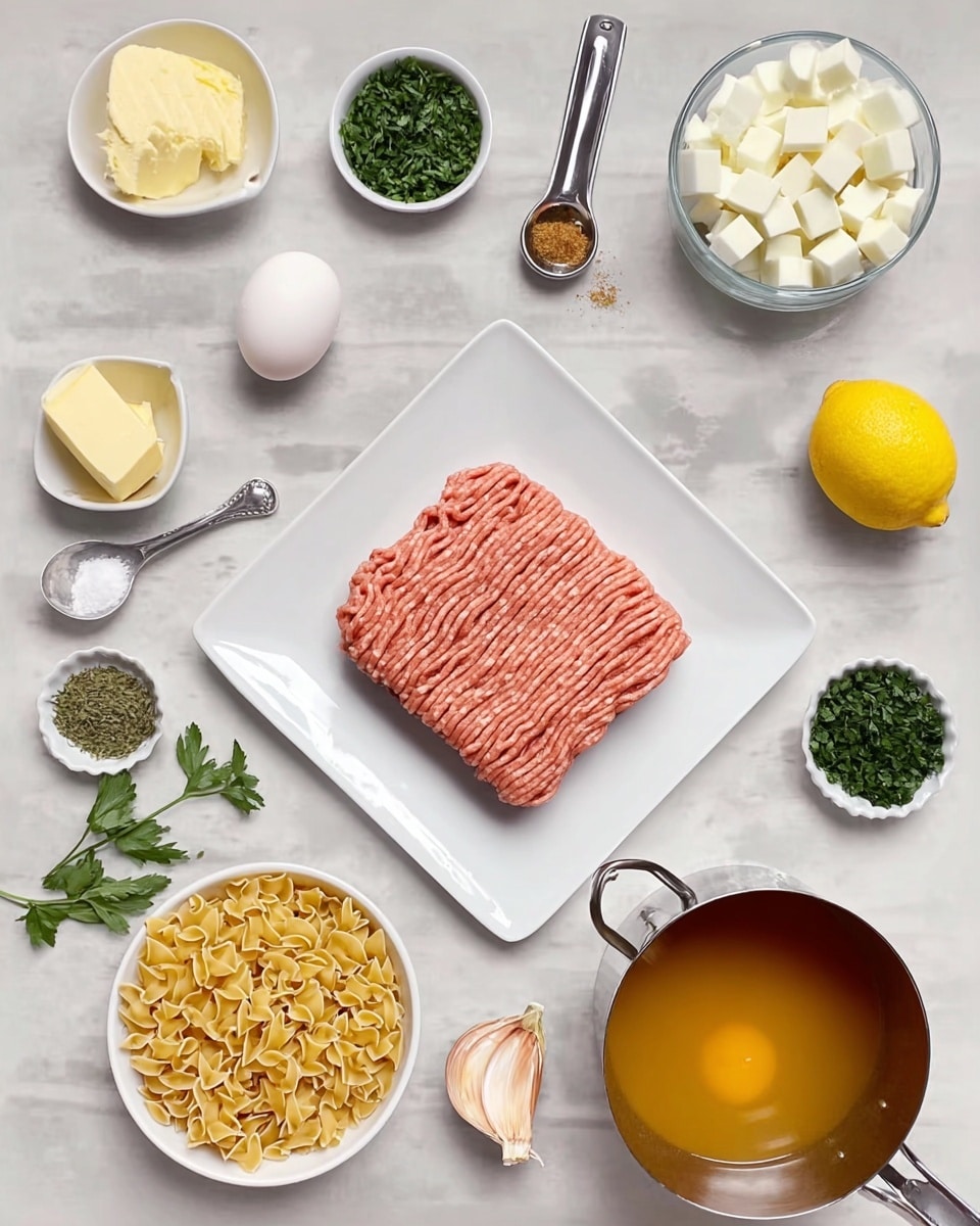 The image shows various ingredients neatly arranged on a white marbled surface. At the center top is a square white plate holding a layer of raw ground meat with a pinkish-red color and visible ridges. Surrounding it are bowls and measuring cups with different ingredients: a small white bowl of pale yellow butter on the left, a white bowl of white cubes near the top right, a metal measuring cup filled with small light yellow pasta on the right, and near the bottom right, a metal container of golden brown broth with a shiny surface. Other items include a single white egg, chopped green herbs in small white bowls and metal measuring cups, diced white onions, a metal teaspoon of yellow spice, a lemon with a bright yellow peel, a half garlic clove, and a small white dish holding salt and black pepper. Photo taken with an iphone --ar 4:5 --v 7