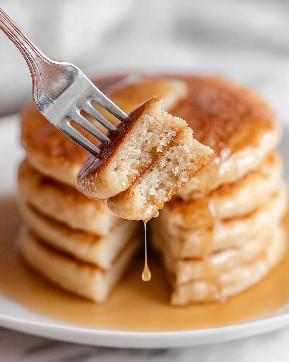 A close-up view of a white plate holding a stack of six light golden brown pancakes with a soft, fluffy texture. On top of the stack, there are three small round pancakes. A silver fork held by a woman's hand holds a bite-sized piece from the middle of the top pancake, showing its slightly crumbly and spongy inside. The piece is covered in thick, light amber syrup that slowly drips down. The whole setting is on a white marbled textured surface. photo taken with an iphone --ar 4:5 --v 7