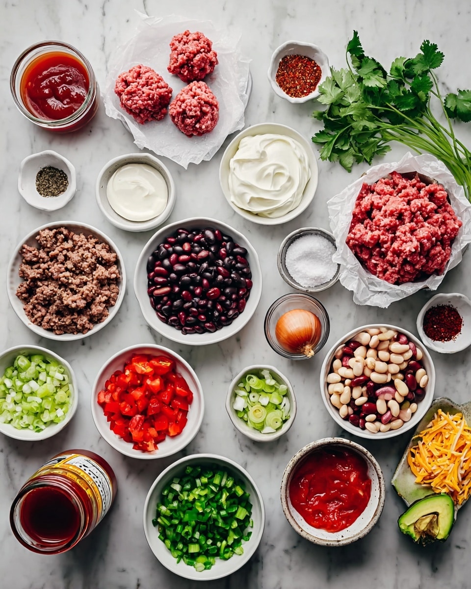 A white marble surface holds many small bowls and items arranged neatly. Two portions of raw ground meat wrapped in white paper sit center-left. Above is a small bowl with sour cream, and beside it are small bowls with chopped green onions, black pepper, and red spice powder. To the right, bowls contain black beans, kidney beans, diced white onions, diced red bell peppers, and pinto beans. Below the beans and onions are a bowl with chopped green bell peppers, a small bowl of minced garlic, a bowl of crushed tomatoes, and a small bowl of salt. A glass container with red sauce and a bottle of hot sauce stand near the bottom left. Around the items are fresh cilantro and sliced avocado on a white plate, along with shredded cheddar cheese nearby. photo taken with an iphone --ar 4:5 --v 7