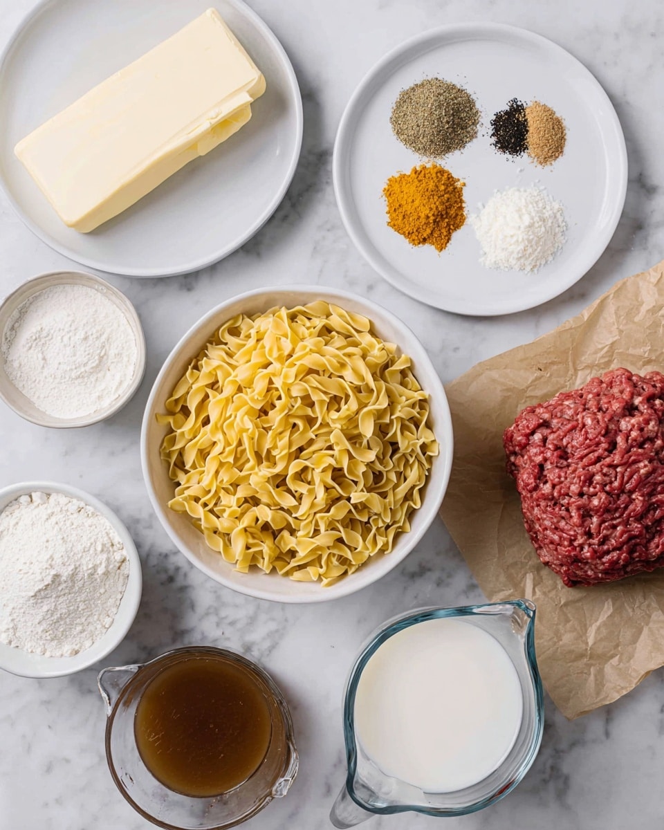 The image shows several ingredients arranged on a white marbled surface. In the center, there is a white bowl filled with yellow dry egg noodles. To the top right, there is a mound of raw ground beef on brown parchment paper placed on a white plate. Above the noodles, a white plate holds four piles of different spices in pale yellow, orange, white, and black colors, arranged in a circle. To the left of the noodles, a small white bowl contains flour, while a small bowl below the noodles has a creamy white sauce. To the right side, there is a glass measuring cup filled with light cream and a clear measuring cup filled with brown broth. At the top left, a white plate holds a stick of butter. All items are cleanly arranged and clearly visible. Photo taken with an iphone --ar 4:5 --v 7
