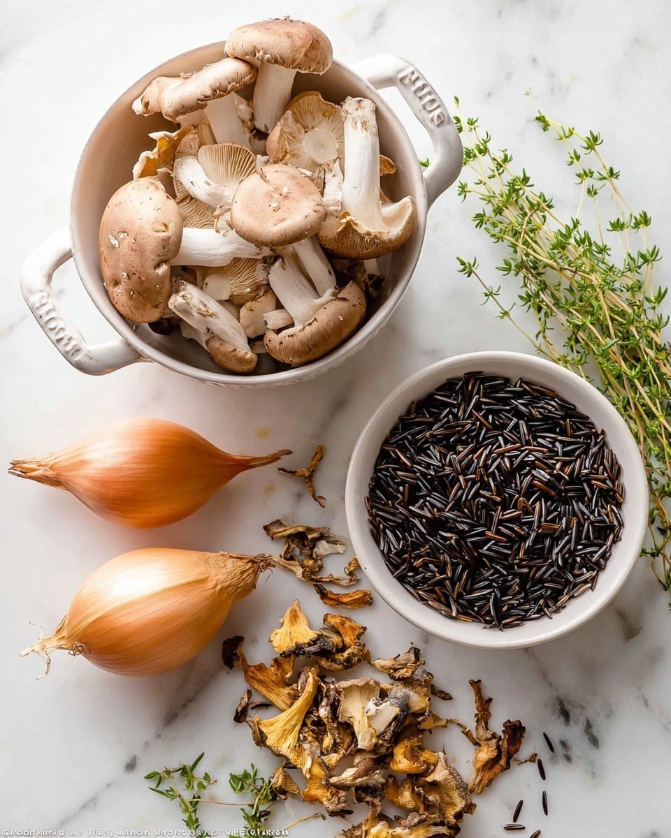 A white bowl with two handles is filled with light brown mushrooms with white stems stacked closely together. In front of it, a smaller white bowl holds dark, long wild rice grains, some spilled on the white marbled surface. Two light brown shallots with smooth skin lay nearby, and a small pile of dried, wrinkled mushrooms is scattered next to them. Green herb sprigs with small leaves are visible around the edges of the arrangement. The photo is taken with an iphone --ar 4:5 --v 7