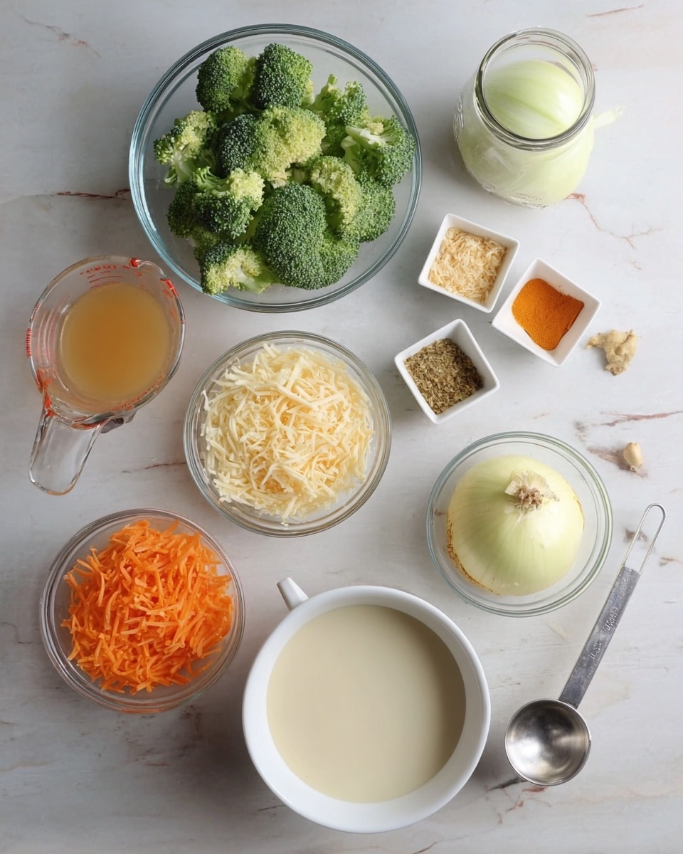 The image shows an overhead view of various cooking ingredients arranged neatly on a white marbled surface. There are three clear glass bowls holding different items: one with bright green broccoli florets, one with small orange carrot sticks, and one with shredded cheese in three colors—white, pale yellow, and orange—layered side by side. Near these bowls, a white bowl contains a creamy white liquid, and a glass measuring cup holds a light brown liquid. Small white square dishes contain a mix of spices and a small pile of minced ginger. A pale yellow whole onion sits on the surface, while a glass jar with a lid is visible near the top of the image. A metal measuring spoon lies near the square dishes. Photo taken with an iphone --ar 4:5 --v 7