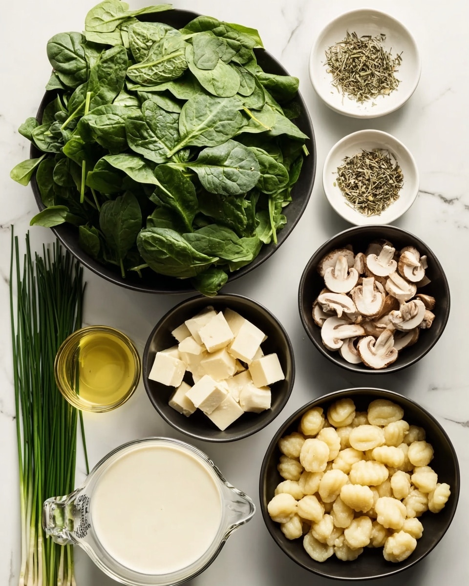 The image shows several white and black bowls arranged on a white marbled surface. The largest black bowl at the top center holds a bunch of fresh green spinach leaves with their stems. To the right of the spinach is a small white bowl with a mix of dried herbs in a brownish-green color. Below that is another small white bowl filled with a light yellow liquid, likely oil. Below the oil is a measuring cup filled with white cream. On the lower right side is a black bowl filled with pale yellow gnocchi. At the bottom center is a small black bowl with cubes of pale yellow butter. Above that is a black bowl filled with chopped light beige mushrooms. To the left of the mushrooms is another black bowl containing white crumbled cheese. Below the cheese is a shallow white bowl with a pale yellow liquid, possibly broth or juice. On the far left is a bunch of fresh, long, thin green chives, and above the chives is a small black bowl with sliced white garlic. The bowls and ingredients are neatly arranged with clear textures and colors, photo taken with an iphone --ar 4:5 --v 7
