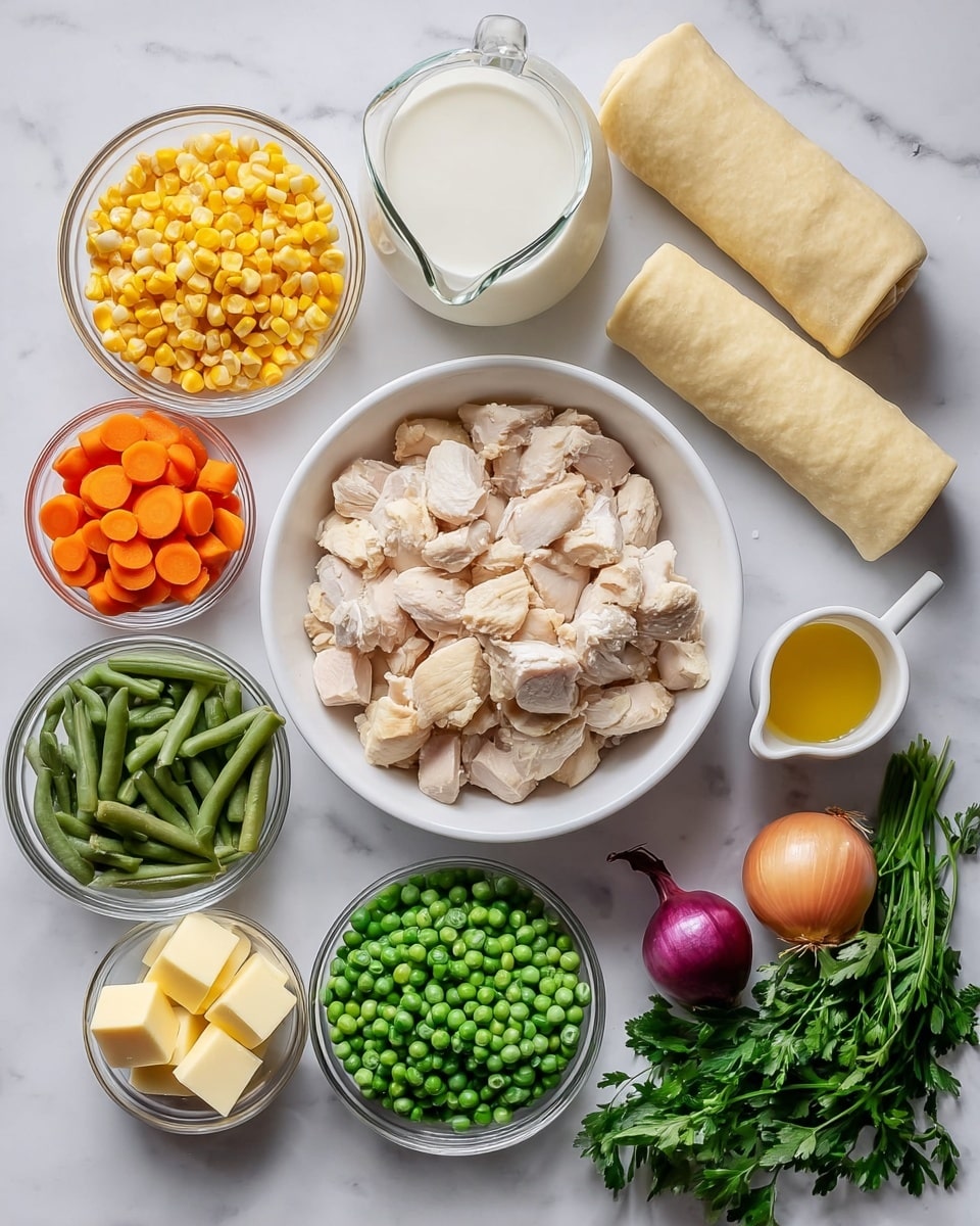 The image shows various ingredients laid out on a white marbled surface. In the center, there is a white bowl filled with pieces of cooked chicken, light tan with a soft texture. Surrounding it are smaller clear glass bowls containing bright orange carrot rounds, green beans, yellow corn mixed with green peas, and finely chopped white onions. Two rolled dough pieces with a soft, slightly golden-brown surface are placed beside the bowls. There are also two cubes of pale yellow butter in a small glass bowl, a clear glass jar of white milk, and a small white jug with yellow oil. Near the bottom right, there are two small whole onions, one purple and one brown, along with a bunch of fresh green parsley leaves. The image is bright and clean, set on a white marbled surface. photo taken with an iphone --ar 4:5 --v 7