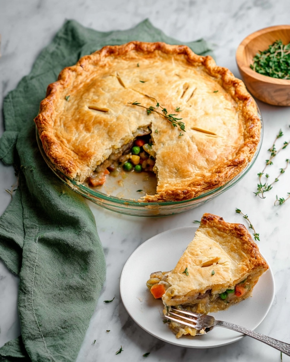 A golden brown pie with a thick, flaky crust and a crimped edge sits in a clear glass pie dish on a white marbled surface. One slice of the pie is taken out and placed on a white plate in front of the dish, showing a creamy filling with chunks of vegetables like orange carrots and green peas. The top crust has a few small slits and a couple of fresh green herb sprigs for decoration. There is a fork on the plate with a small piece of the pie filling. Beside the pie dish is a small wooden bowl filled with fresh green herbs, and some loose sprigs are scattered on the surface. A green cloth napkin is placed near the plate. Photo taken with an iphone --ar 4:5 --v 7