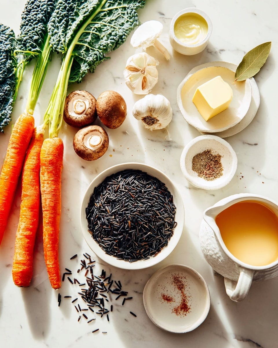 The image shows an arrangement of cooking ingredients on a white marbled surface, organized neatly. In the center, there is a white bowl filled with black wild rice grains, with some grains spilled around it. To the left, there are whole carrots, celery stalks, kale leaves, and four brown mushrooms. Above the bowl with rice, there are garlic cloves, two white onion halves, a bay leaf, and two small amounts of ground spices on a white round plate. To the right of the bowl with rice, there is a white bowl with a creamy liquid, a small white pitcher with a golden liquid, and a small white plate with a block of butter. The entire scene has bright, natural light. photo taken with an iphone --ar 4:5 --v 7