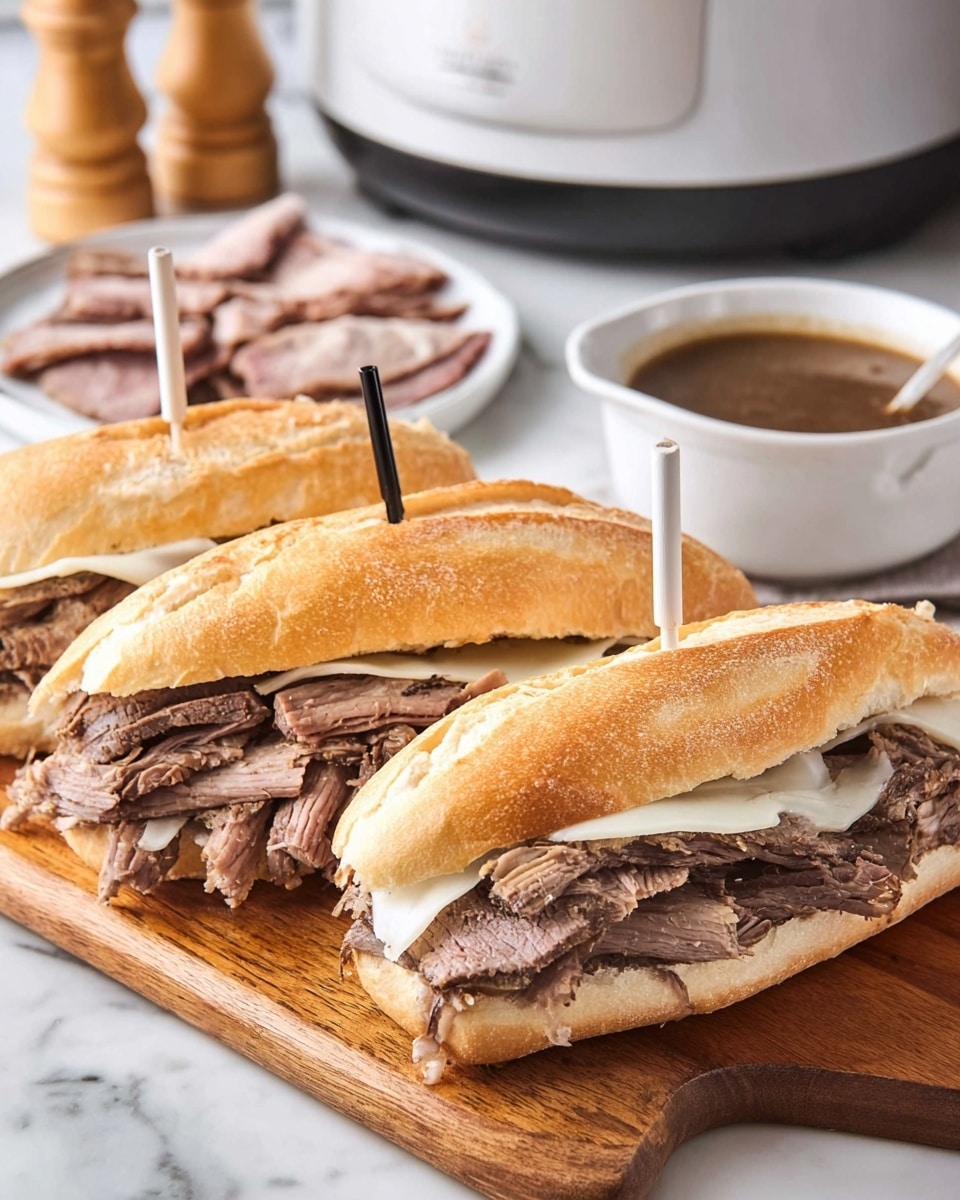 Three sandwiches sit on a wooden board, each sandwich made with a light golden brown baguette sliced lengthwise. Inside the bread layers, there are thin slices of tender roasted beef piled generously, showing a mix of brown and grey shades with a slightly textured surface. Beneath the meat, a layer of white cheese is visible, smooth and slightly melted. Each sandwich is held together by a small stick, two with white tops and one with a black top, placed in the center of each sandwich. In the background, there is a white bowl filled with a rich brown dipping sauce, a white plate with additional sliced meat, and two wooden pepper and salt grinders. A white slow cooker with black handles is also partially visible, all set on a white marbled surface. photo taken with an iphone --ar 4:5 --v 7