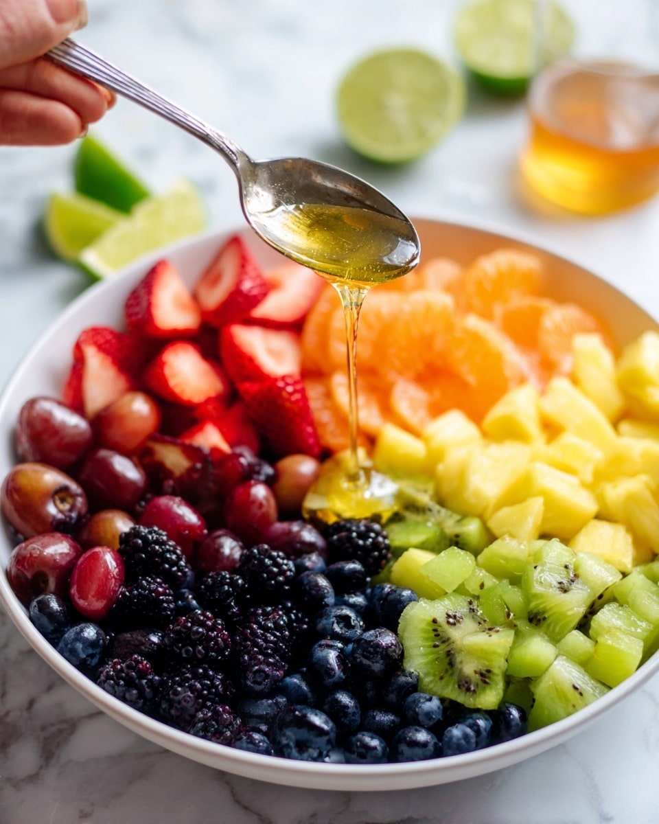 A white bowl filled with six sections of fresh fruit: red strawberries on the left, deep red grapes in the back, bright orange mandarin slices on the right, green kiwi pieces in the front right, yellow pineapple chunks in the front, and a middle section of dark blue blueberries. Above the bowl, a woman's hand holds a silver spoon, dripping golden honey onto the blueberries. The bowl sits on a white marbled surface, with blurred lime halves and a glass with amber liquid in the background. photo taken with an iphone --ar 4:5 --v 7