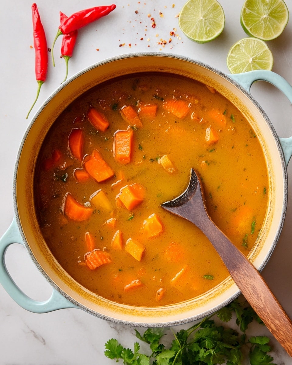 A white pot with light blue handles is filled with a thick, orange broth containing medium-sized chunks of bright orange vegetables, likely carrots, floating in it. A wooden spoon with a dark handle rests inside the pot, partially submerged in the broth. The pot sits on a white marbled surface, surrounded by two whole red chili peppers at the top left, two lime halves with light green flesh at the top right, and a few sprigs of fresh green cilantro at the bottom right. The overall colors are warm orange for the soup contrasted by the fresh green and red of the garnishes. Photo taken with an iphone --ar 4:5 --v 7