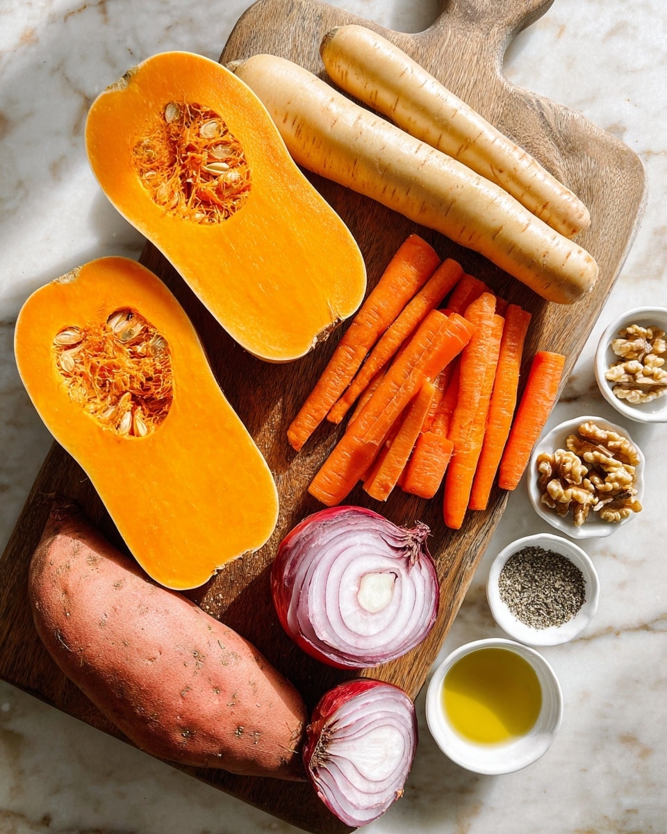 The image shows a wooden cutting board placed on a white marbled surface. On the board, there are two halves of a bright orange butternut squash with visible seeds in the hollow centers, a sweet potato with rough reddish skin laying diagonally, three whole pale beige parsnips arranged side by side, four orange carrots also aligned next to the parsnips, and two halves of a red onion showing purple rings. To the right of the board, there are three small white dishes: one with roughly chopped walnuts, one with golden olive oil, and one with a mix of spices including salt, pepper, and dried herbs. The lighting highlights the fresh textures and vibrant colors of the vegetables and ingredients. Photo taken with an iphone --ar 4:5 --v 7
