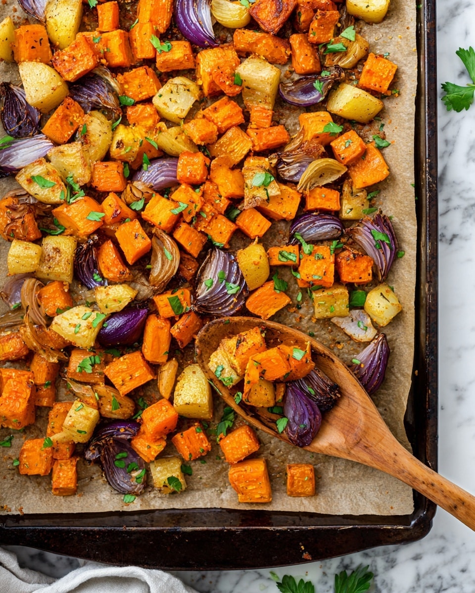 The image shows a baking tray lined with light brown parchment paper filled with roasted vegetables. The vegetables are cut into pieces and include bright orange chunks of sweet potatoes, pale yellow pieces of parsnip, deep orange carrots, and purple-red onion wedges. The roasted vegetables have a slightly crispy texture with some browning and are sprinkled with small green parsley leaves. A wooden spoon is scooping some of the vegetables on the right side of the tray. The background is a white marbled texture. Photo taken with an iphone --ar 4:5 --v 7