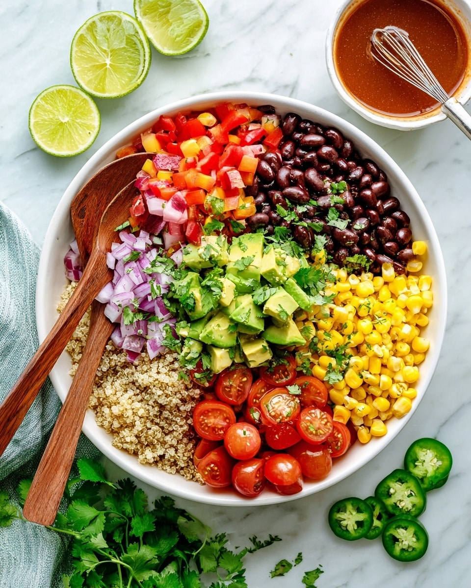 A large white bowl is filled with a colorful layered salad. The bottom layer is light beige quinoa with specks of brown, topped with bright red cherry tomatoes cut in half on the right side. Next to them are bright yellow corn kernels, creating a shiny, smooth texture. Above the tomatoes and corn, there are black beans that are shiny and dark brown. Above the beans are small red bell pepper cubes. On the left, finely chopped purple onions mixed with green herbs add texture and color. The center of the bowl holds chunky pieces of green avocado on top of the quinoa. Fresh cilantro leaves scatter on top of the avocado and onions, adding a fresh green touch. Two wooden spoons with smooth handles rest inside the bowl on the left side. Surrounding the bowl on a white marbled surface are lime halves, scattered fresh cilantro, sliced green jalapeños on a small white dish, and a white bowl filled with a reddish-brown sauce and a small whisk. photo taken with an iphone --ar 4:5 --v 7