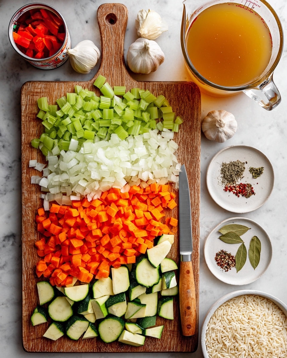 A top view of a wooden cutting board on a white marbled surface, showing four layers of chopped vegetables arranged side by side: light green celery slices on the top left, white diced onions on the top right, orange diced carrots on the bottom left, and pale green zucchini wedges on the bottom right. A knife with a wooden handle lies horizontally along the right side of the cutting board. Around the board, there are additional ingredients placed on the white marbled surface: three garlic cloves near the top left, a clear glass measuring cup filled with light brown broth on the top right, a small white plate with various dried spices including bay leaves and chili flakes to the right of the cutting board, a small clear bowl of olive oil below the spices, a white bowl filled with raw long grain rice below the olive oil, and two opened cans of diced tomatoes at the bottom left. Photo taken with an iphone --ar 4:5 --v 7