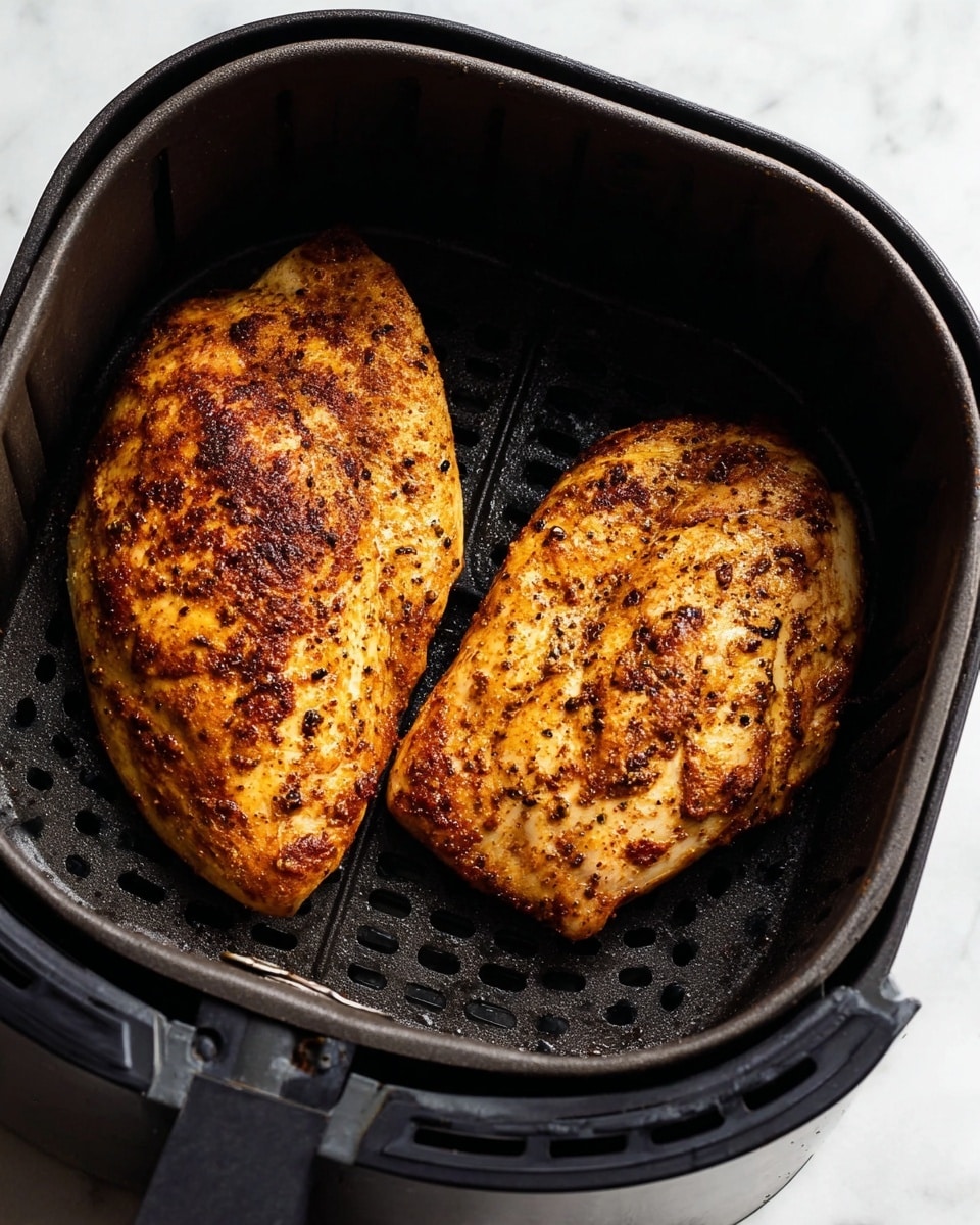Inside a black air fryer basket, there are two cooked, golden brown chicken pieces with a slightly crispy, seasoned outer layer showing darker brown spices and small black seasoning spots. The chicken is positioned side by side, one slightly above and to the left of the other. The background surface is a white marbled texture. photo taken with an iphone --ar 4:5 --v 7
