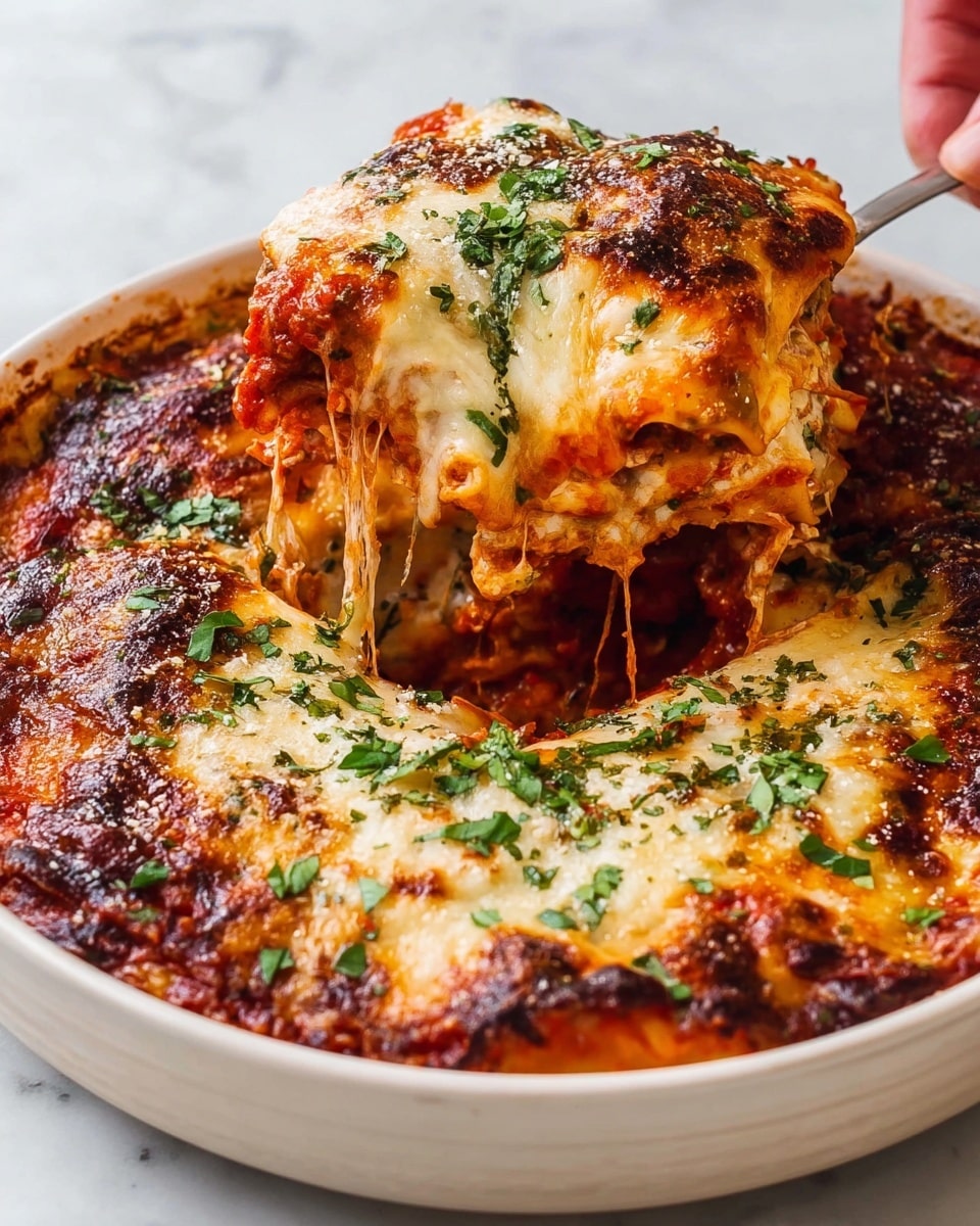 A white round dish holds a layered lasagna with a rich tomato sauce base visible at the edges, topped by a thick, melted layer of golden cheese with brown, slightly crispy spots. The lasagna is cut partially open, revealing the inside layers of bright red sauce, creamy white cheese, and pasta sheets with a soft texture. Fresh green chopped herbs are scattered over the top, adding a fresh touch to the warm, savory colors. A woman's hand is lifting a portion with cheese stretching between the scoop and the dish. The dish sits on a white marbled surface, creating a clean and bright background photo taken with an iphone --ar 4:5 --v 7