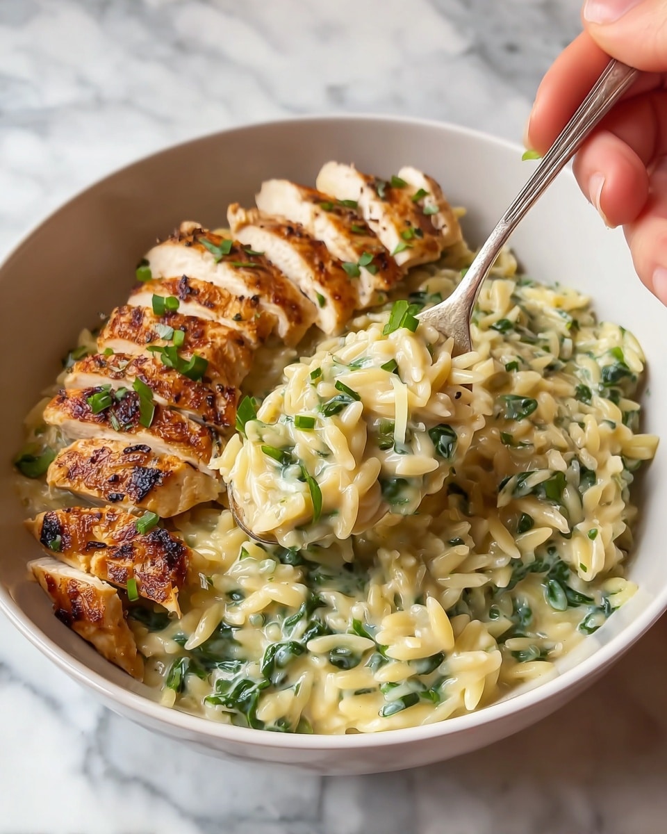 The image shows a white bowl with two main layers. The bottom layer is creamy orzo pasta mixed with bright green spinach and herbs, giving a soft and smooth texture with hints of green scattered throughout. On top and to one side, there is a row of sliced golden-brown grilled chicken with a slightly crispy surface and tender inside, garnished with chopped green herbs. A woman's hand holds a spoon in front of the bowl, lifting a bite of the creamy pasta filled with spinach and herbs, with the pasta shining slightly in the light. The bowl sits on a white marbled surface. Photo taken with an iphone --ar 4:5 --v 7