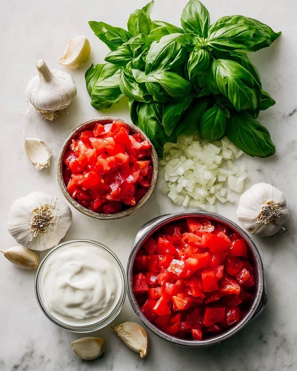 The image shows fresh ingredients on a white marbled surface. There are two round metal bowls filled with bright red chopped tomatoes, with one bowl smaller and placed slightly below the larger one. A small glass bowl holds smooth, white sour cream or yogurt. Around these bowls, there are clusters of fresh green basil leaves with big, shiny leaves, two whole bulbs of garlic with papery white skins, some scattered garlic cloves, and a small pile of finely diced white onions. The arrangement is clean and colorful, with the reds, greens, and whites contrasting sharply. photo taken with an iphone --ar 4:5 --v 7