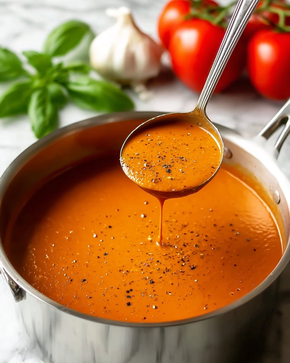 A large silver pot filled with smooth, thick orange tomato soup speckled with black pepper is placed on a white marbled surface. A silver ladle is lifted above the pot, holding a round layer of the same orange soup with visible pepper flakes. In the blurred background, bright red tomatoes on the vine, fresh green basil leaves, and white garlic bulbs add vibrant color. The soup surface inside the pot has a slight shine and textured bubbles. The focus is sharp on the ladle and soup with a soft depth of field. photo taken with an iphone --ar 4:5 --v 7