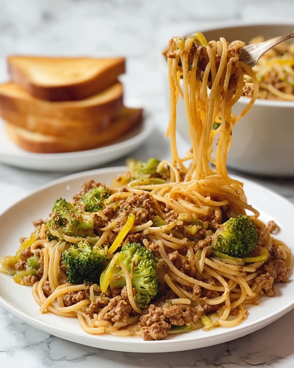 A white plate holds a heap of spaghetti mixed with ground meat, bright green broccoli florets, and light yellow sliced bell peppers, all coated in a light brown sauce. The spaghetti strands are thick and soft, twisting together as a fork lifts a bundle of noodles above the plate. The ground meat is cooked and crumbly, spread evenly throughout the noodles with bits of translucent cooked onions visible. In the background, a woman's hand holds the fork, and behind the plate, there is a bowl filled with the same spaghetti mix and a small white plate stacked with three slices of toasted golden bread. The whole scene sits on a white marbled surface with soft natural lighting. photo taken with an iphone --ar 4:5 --v 7