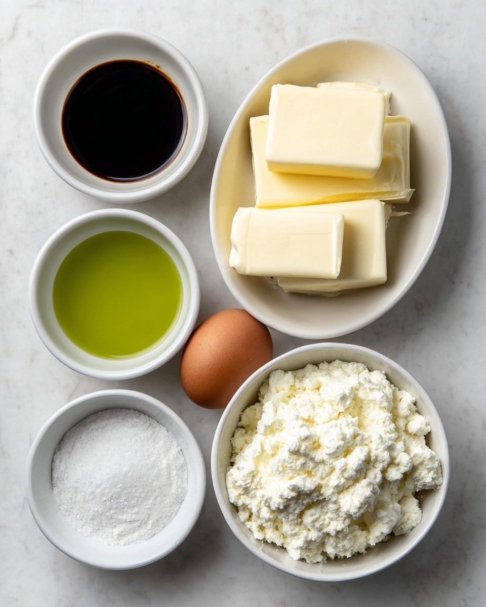 The image shows six small white bowls and one brown egg arranged on a white marbled surface, each containing a different ingredient. The largest bowl in the lower right is filled with a lumpy white powder, likely ricotta cheese. Above it is an oval white bowl holding three thick blocks of pale yellow butter. To the upper left, a white bowl contains a dark brown liquid, possibly soy sauce or balsamic vinegar. Below it are two more small white bowls; one holds a bright green liquid, likely olive oil, and the other has fine white powder, possibly flour or baking powder. At the bottom left is another small white bowl filled with white granulated salt. The brown egg is positioned between the green liquid and dark brown liquid bowls. The scene is neat and well-lit, with all items clearly visible. photo taken with an iphone --ar 4:5 --v 7