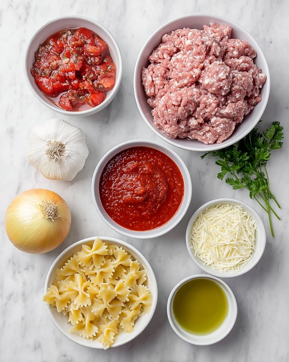 The image shows several white bowls and ingredients placed on a white marbled surface. In the top right, there is a white bowl filled with raw ground meat that is pink with white fat specks. To its left, there is a white bowl with chunky red tomato pieces in liquid. Below that is shredded white cheese in another white bowl. To the right of the cheese is a bowl of uncooked farfalle pasta that is pale yellow. Below the pasta is a white bowl filled with red marinara sauce. To the right of the sauce, there is a white bowl with greenish-yellow olive oil. In the bottom left corner, there is a whole yellow onion, two garlic bulbs, and a small bunch of green parsley. The photo is taken with an iphone --ar 4:5 --v 7