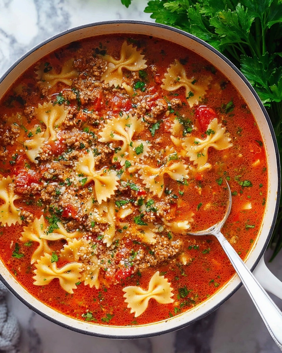 The image shows a white round pot filled with farfalle pasta soup. The soup has two main layers: the bottom is a bright red tomato broth with juicy textured minced meat and chunks of tomatoes, and the top is a mix of yellow farfalle pasta pieces scattered evenly across the broth, sprinkled with small green parsley bits and light grated cheese. A silver ladle with a white handle rests inside the pot on the right side, partially submerged in the soup. The pot is placed on a white marbled surface with green parsley leaves blurred in the background. Photo taken with an iphone --ar 4:5 --v 7