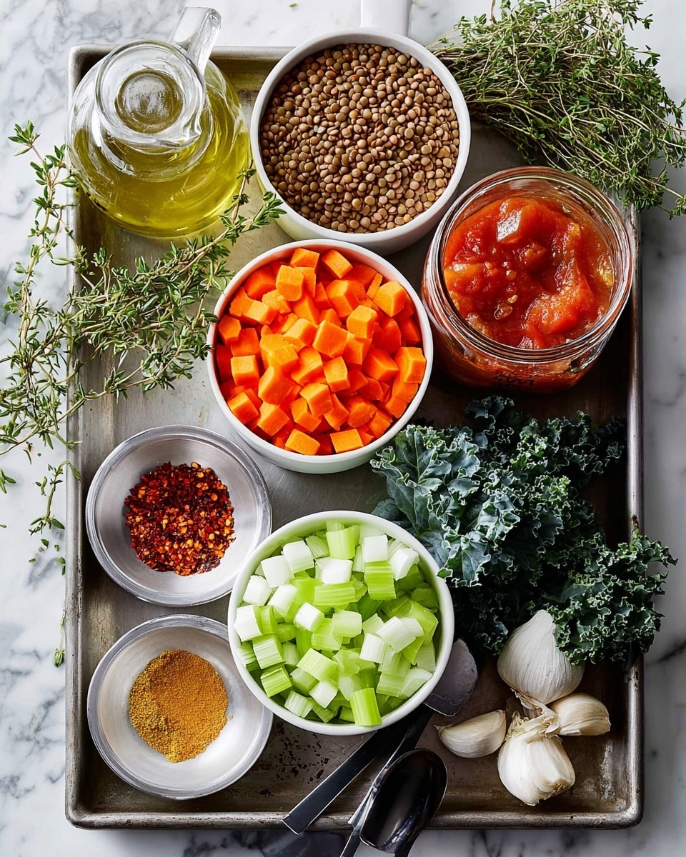 A metal tray holds several small white bowls and a glass measuring cup filled with chopped ingredients: bright orange carrot pieces, light green celery chunks, and diced white onions. There's a bowl of small brown lentils, a white bowl with red crushed chili flakes, and a glass jar with red tomato chunks in a sauce. Near these are three garlic cloves, a small pile of yellow spice powder on a white saucer, a bottle of light yellow oil, and fresh green herbs including curly parsley and dark leafy kale leaves. The tray sits on a white marbled surface with some fresh thyme sprigs on the side. Photo taken with an iphone --ar 4:5 --v 7