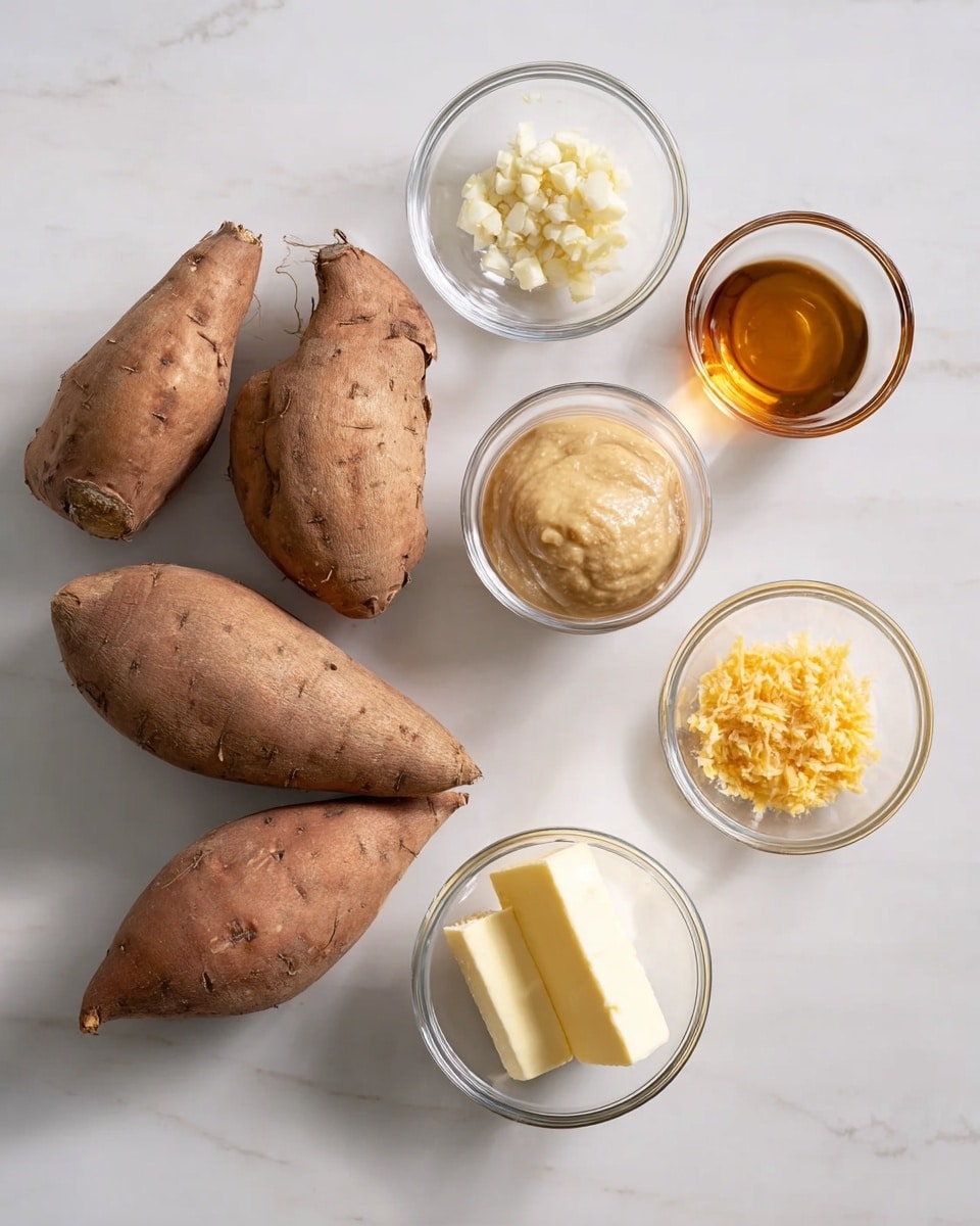 The image shows a group of five raw sweet potatoes with rough brown skin, placed on the left side on a white marbled surface. Around them are five small clear glass bowls arranged loosely: the top bowl holds chopped garlic with a pale creamy color, the top right contains a golden amber liquid that looks like syrup, the middle bowl in the center holds a smooth beige paste, the bottom left bowl has several thin, pale yellow slices of butter stacked neatly, and the bottom right bowl shows finely grated yellow ginger. Each bowl has a shiny and clear texture, catching the light softly from above. Photo taken with an iphone --ar 4:5 --v 7