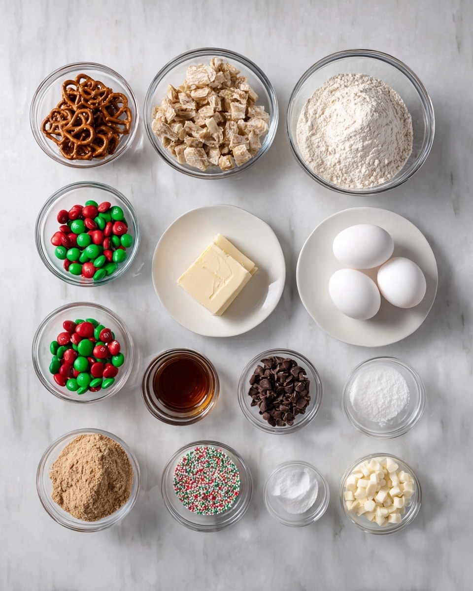 The image shows ingredients arranged neatly on a white marbled surface, each in clear glass bowls or on small white plates. From top left to right, there is a bowl of broken pretzel pieces, a bowl of rolled oats, and a larger bowl of white flour. Below the pretzels and oats are bowls containing red and green candy-coated chocolates and dark chocolate chunks. To the right, two white eggs sit side by side, with a small white plate holding cubed light yellow butter nearby. Along the bottom row, from left to right, there is a bowl of light brown sugar, a small bowl of festive red, green, and white sprinkles, tiny bowls of salt, baking soda, and vanilla extract, a bowl of white granulated sugar, and lastly, a bowl of white chocolate chips. The layout is clean and evenly spaced with soft natural lighting highlighting the textures. photo taken with an iphone --ar 4:5 --v 7